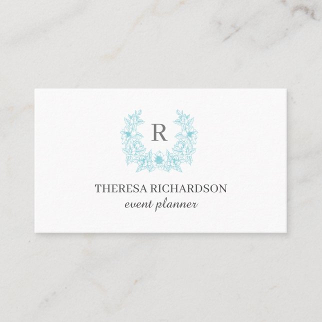 White Azure Magnolia Wreath Monogram  chic Business Card (Front)