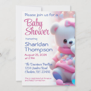 White Baby Bear with Pink & Blue Shower Invitation