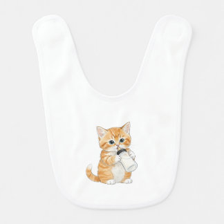 White baby bib with Kitten Drinking Milk 