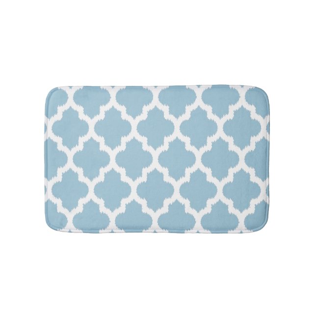 White & Baby Blue Ikat Quatrefoil Pattern Bath Mat (Front)