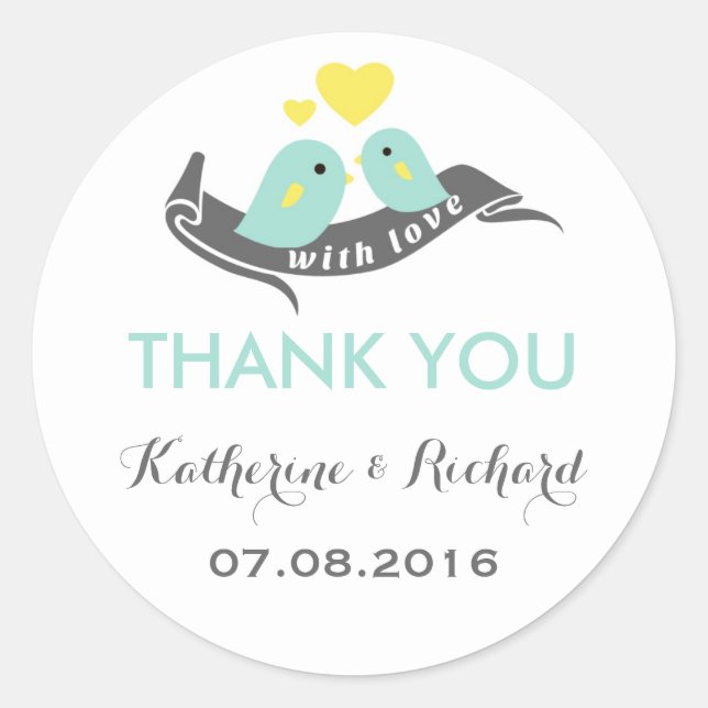 White Baby Blue Lovebirds Wedding Favor Sticker (Front)