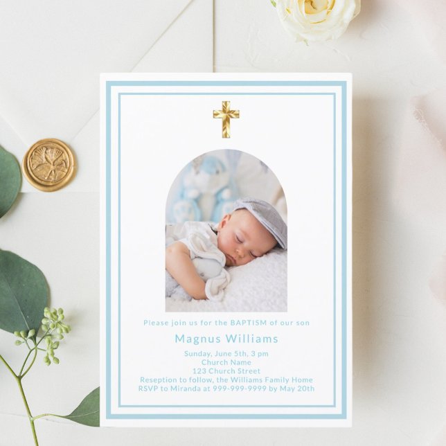 White baby blue photo arch boy Baptism Invitation (Creator Uploaded)