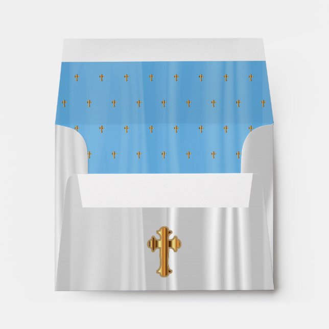 White & Baby Blue Satin with Gold Church Crosses Envelope (Back (Bottom))