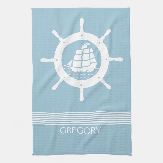 White & Baby Blue Stripes And Nautical Boat Wheel Towel (Vertical)