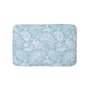 White & Baby Blue Vintage Paisley Bathroom Mat