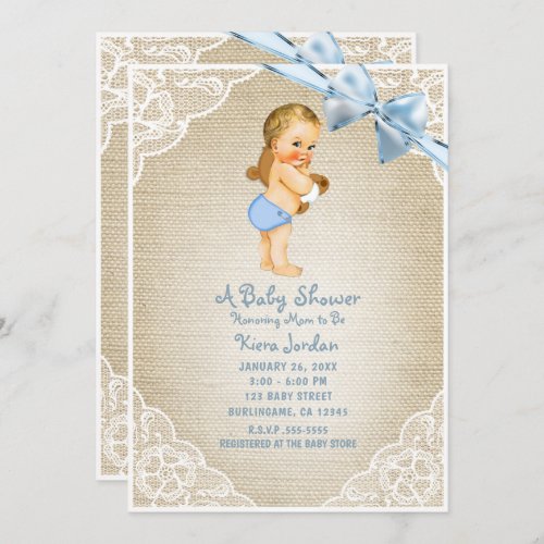 White Baby Boy Bear  Blue Bow Burlap Baby Shower Invitation