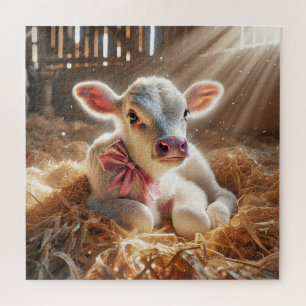 White Baby Calf In Barn Stall Jigsaw Puzzle