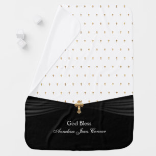 White Baby Christening Baptism Gold Crosses Blanket