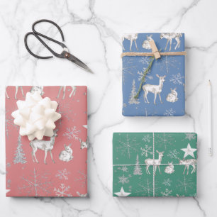 White Baby Doe Deer Silver Snowflakes And Stars Wrapping Paper Sheets