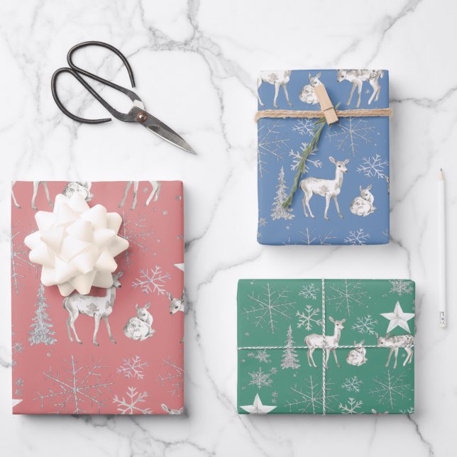 White Baby Doe Deer Silver Snowflakes And Stars Wrapping Paper Sheets (Front)