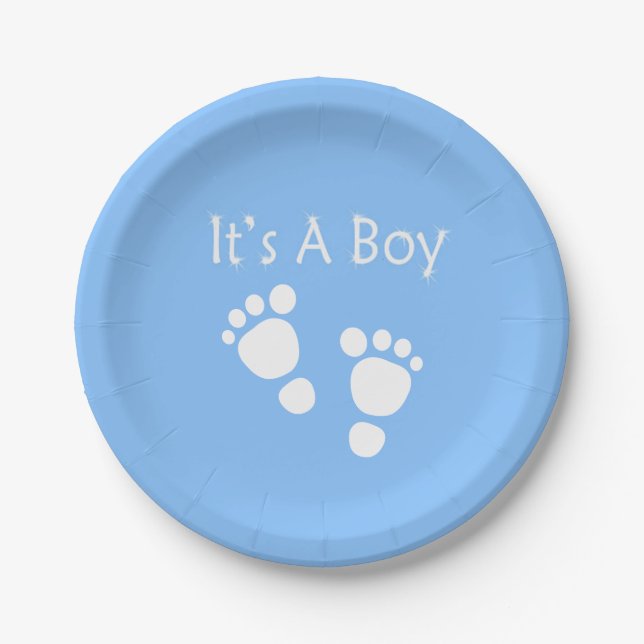 White baby foot - It's a boy  baby-shower Paper Plates (Front)