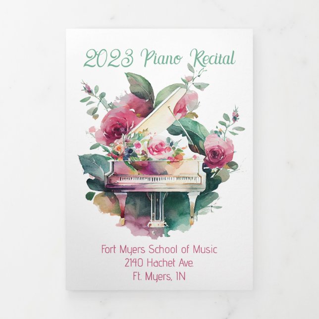 White Baby Grand Piano Recital Tri-Fold Program (Cover)