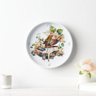 White Baby Grand Piano Watercolor Clock