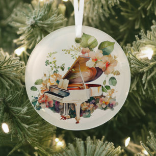 White Baby Grand Piano Watercolor Glass Ornament