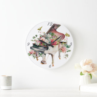 White Baby Grand Piano Watercolor Large Clock