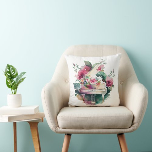 White Baby Grand Piano Watercolor Throw Pillow
