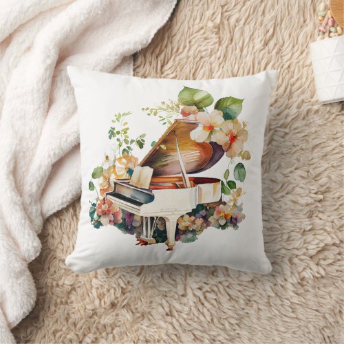 White Baby Grand Piano Watercolor Throw Pillow