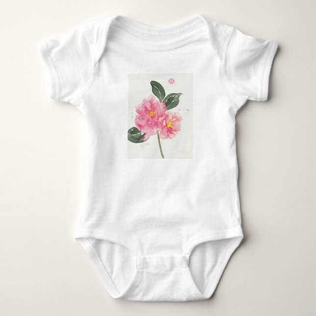 White baby t-shirt with pink camellia bodysuit (Front)
