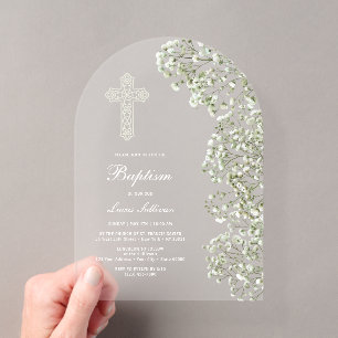 White Baby's Breath Arch Baptism Acrylic Invitations