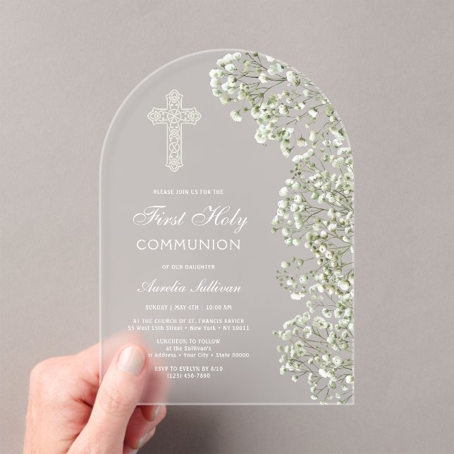 White Baby's Breath Arch First Communion Acrylic Invitations (Insitu (Handheld))