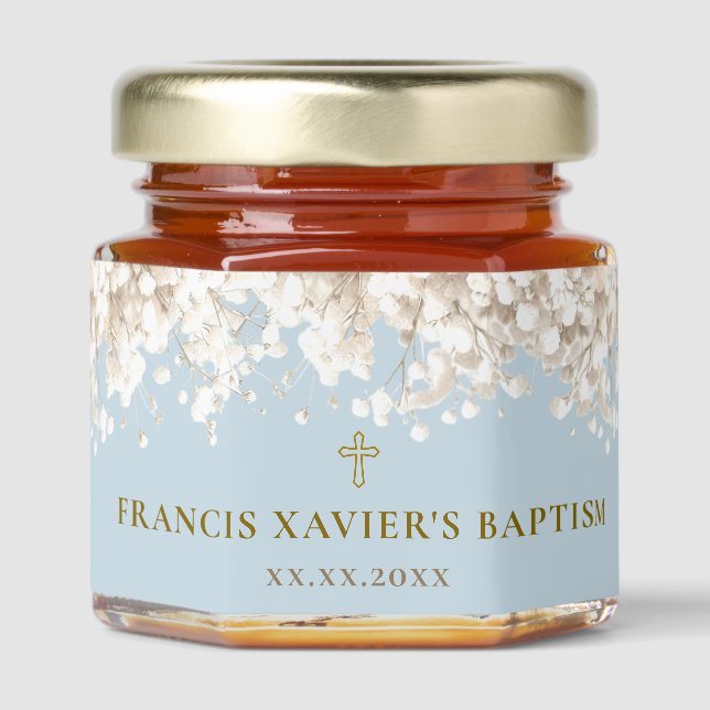 White Baby's breath Baptism Honey Jar Favors (Front)