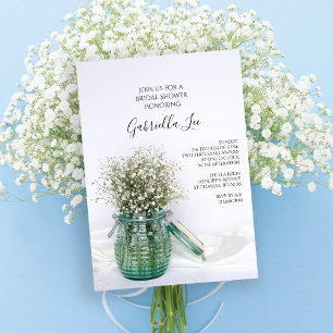 White Babys Breath Flowers Blue Vase Bridal Shower Invitation
