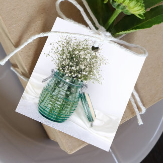 White Babys Breath Flowers in Blue Jar Wedding Favor Tags