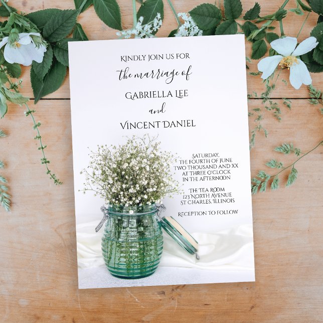 White Babys Breath Flowers in Blue Jar Wedding Invitation (Creator Uploaded)