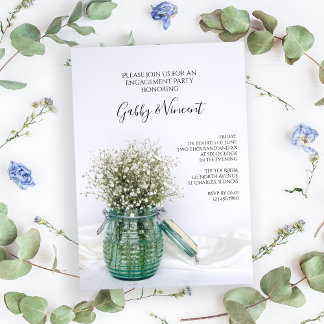 White Babys Breath in Blue Jar Engagement Party Invitation