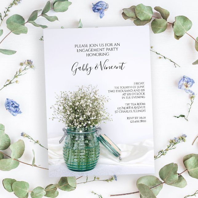 White Babys Breath in Blue Jar Engagement Party Invitation (Creator Uploaded)