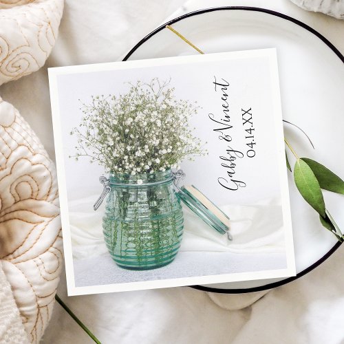 White Babys Breath in Blue Jar Vase Wedding Napkins