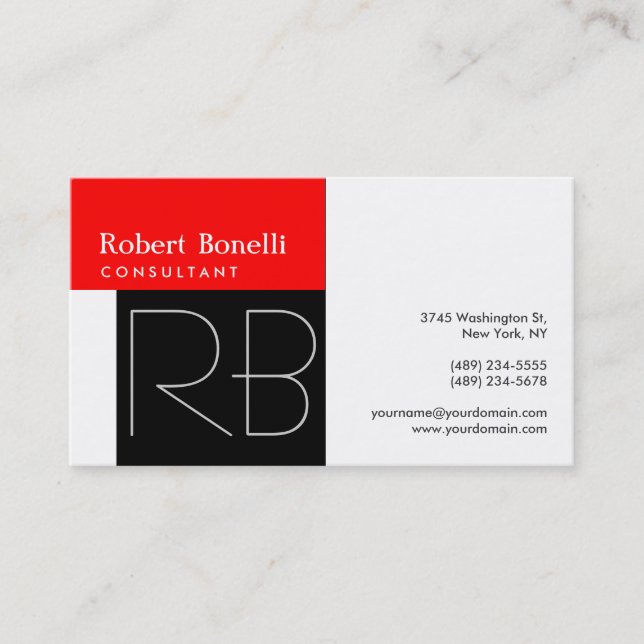 White Back Red Stripe Monogram Business Card (Front)