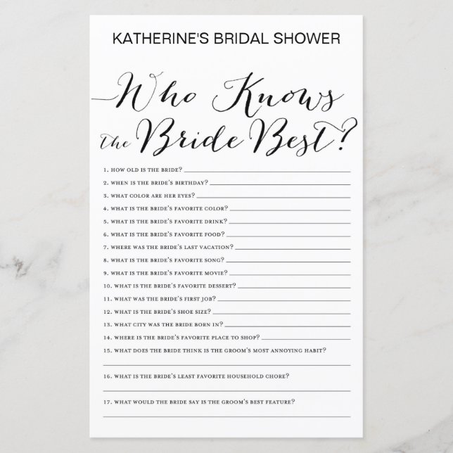 White Background Bridal Shower Game PRINTED (Front)