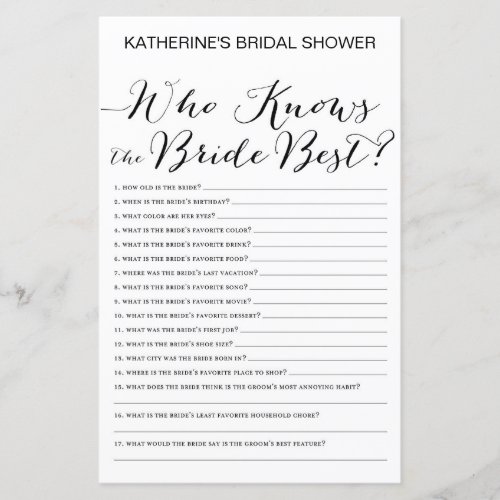 White Background Bridal Shower Game PRINTED