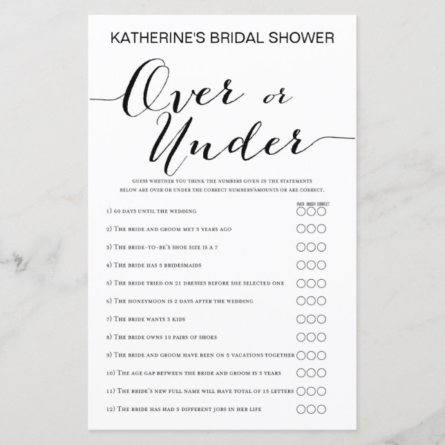White Background Bridal Shower Game PRINTED (Front)