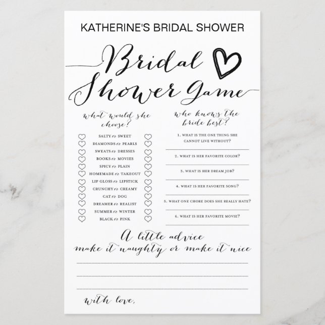White Background Bridal Shower Game PRINTED (Front)