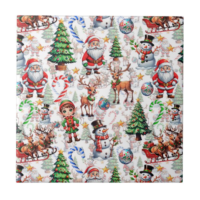 White Background Christmas Decorative Pattern Ceramic Tile (Front)