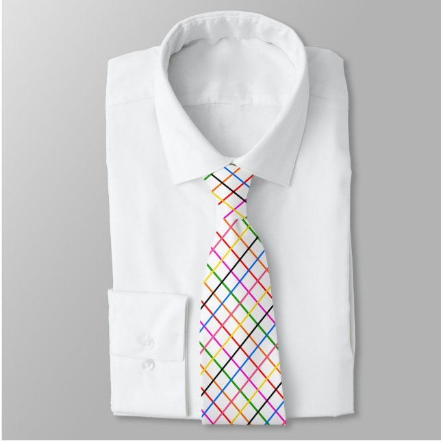 White Background Colorful Windowpane Plaid Design  Neck Tie (Creator Uploaded)