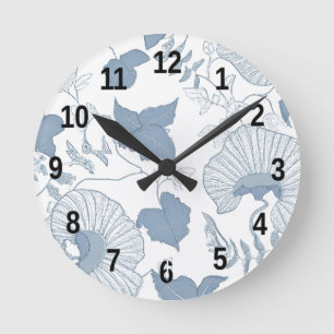 White Background Delicate Blue Japanese Flowers  Round Clock