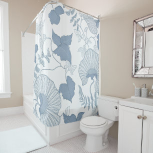 White Background Delicate Blue Japanese Flowers Shower Curtain