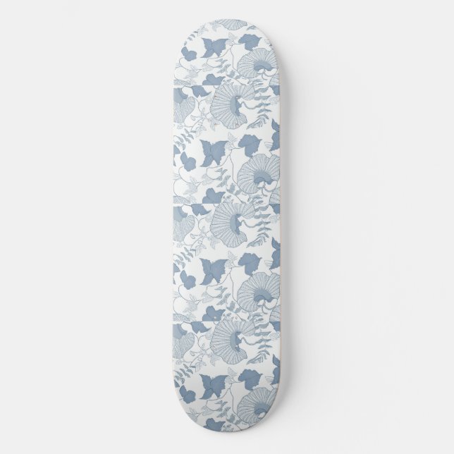 White Background Delicate Blue Japanese Flowers Skateboard (Front)