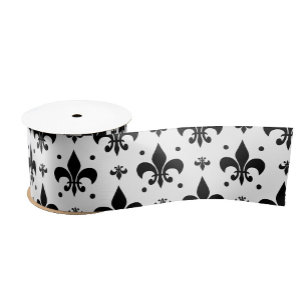 White Background Fleur-de-lis Pattern Design Satin Ribbon