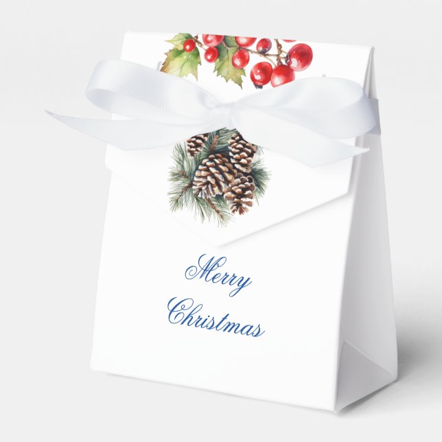 White Background Pine Cones & Red Berries Gift Favor Boxes (Front Side)