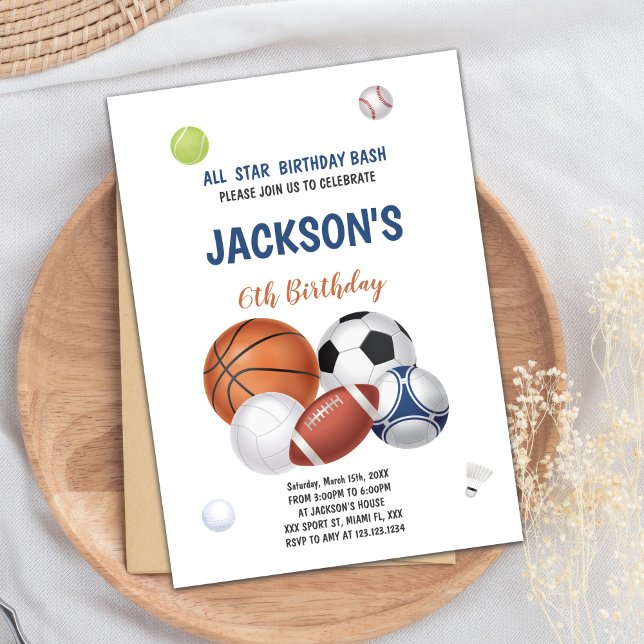 White Background Sports Birthday Invitation (White Sports Birthday Invitations)