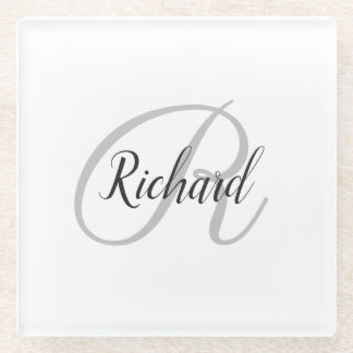 White Background With Monogram   Glass Coaster