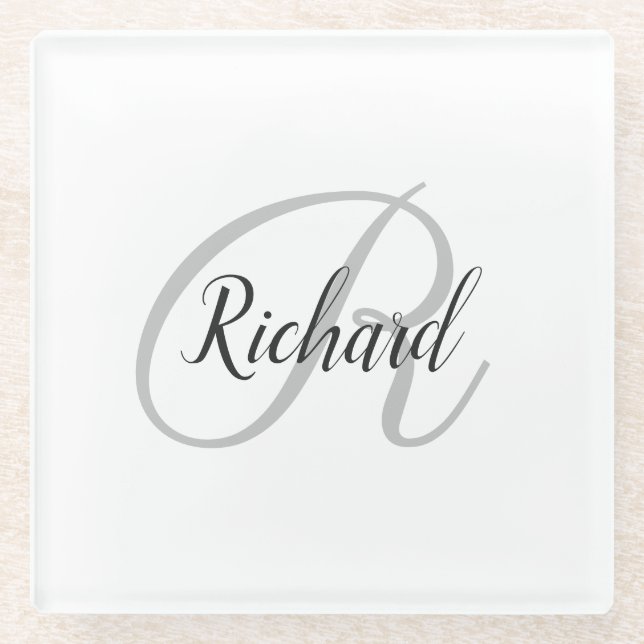 White Background With Monogram   Glass Coaster (Front)