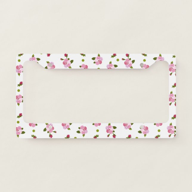 White Background with Pink Cherry Tree Flowers License Plate Frame (Front)