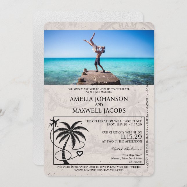 White Bahamas Passport Wedding Invitation (Front/Back)