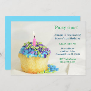 White Balloon blue cupcake Birthday Invitation