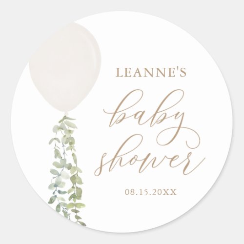 White Balloon Eucalyptus Baby Shower Classic Round Sticker